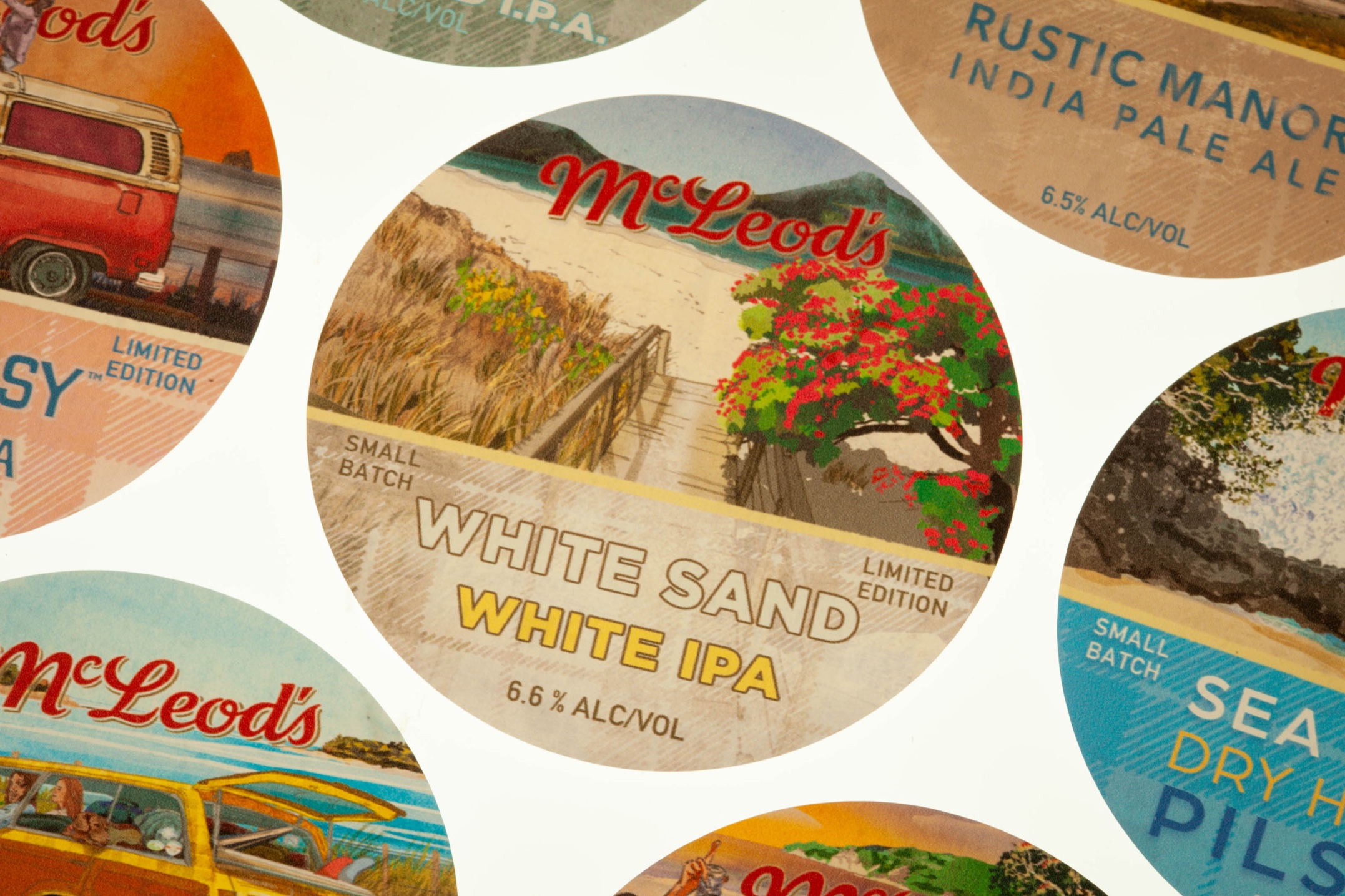 Custom 73mm backlit tap badges printed for McLeod’s Brewery, colour-accurate and kiss-cut for craft beer taps