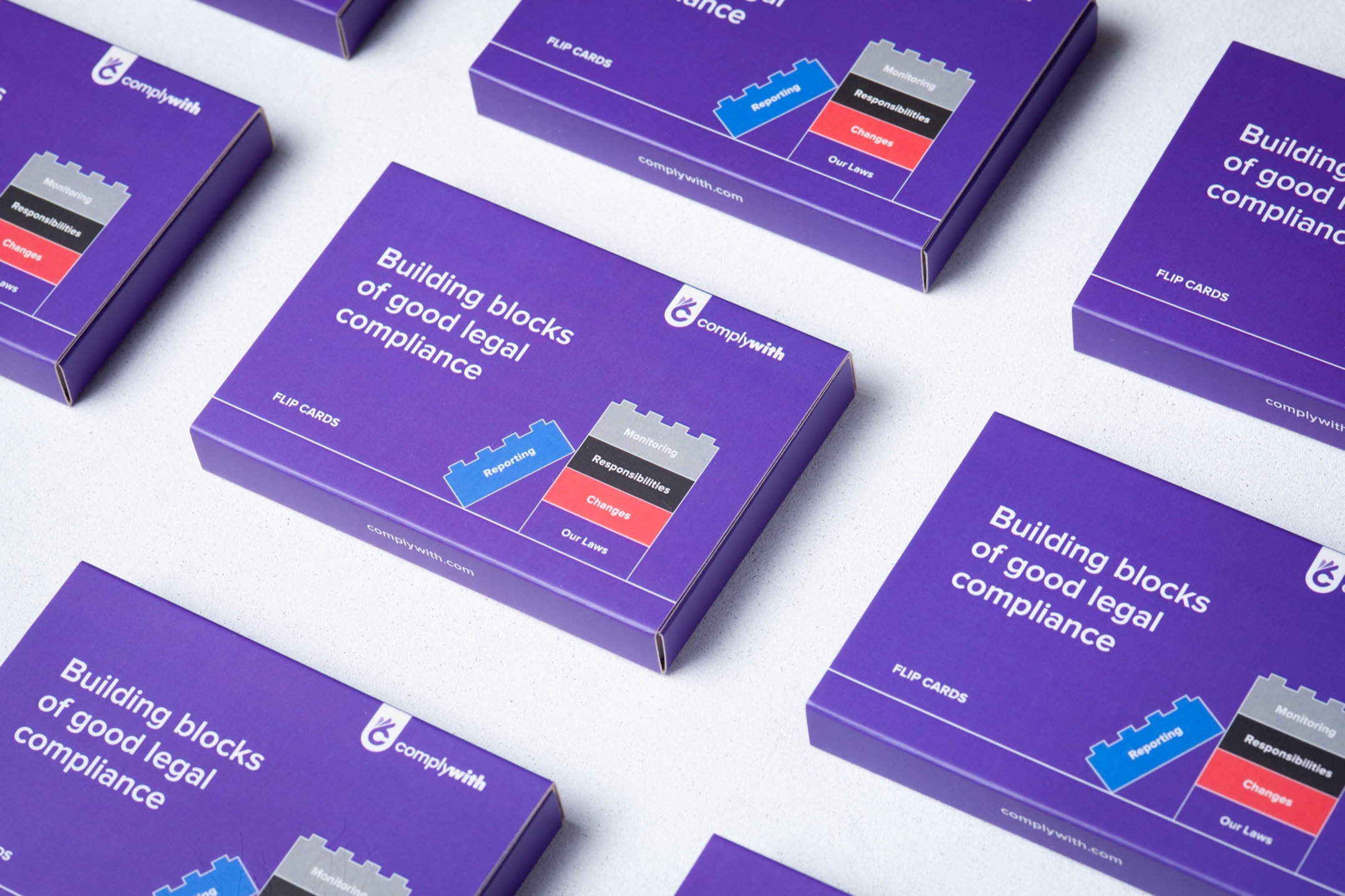 Custom double-sided training card pack with wallet-style carton printed for ComplyWith, Wellington