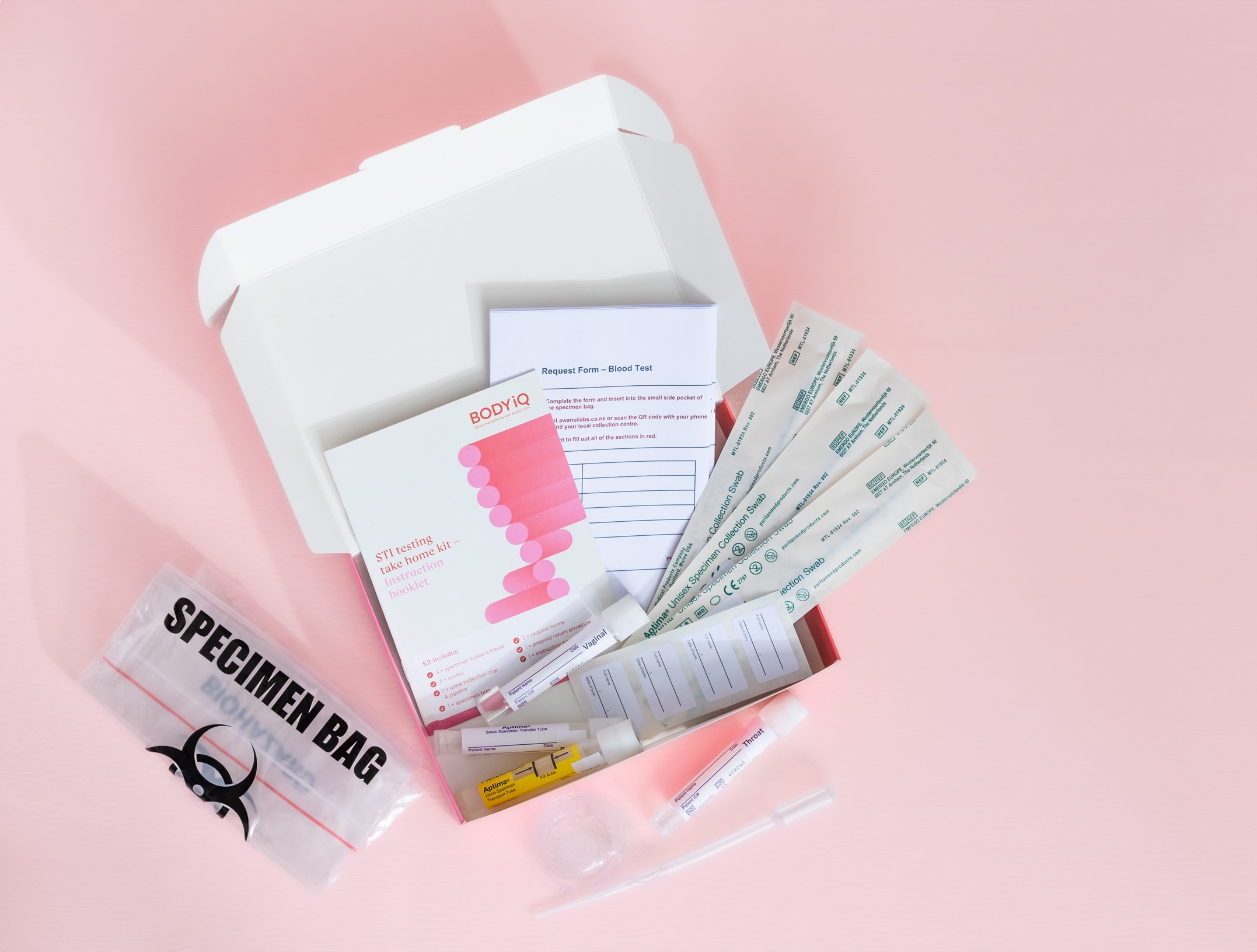 BODYiQ STI testing kit packaging with custom printed carton and A6 instruction booklet by Colourcraft Wellington