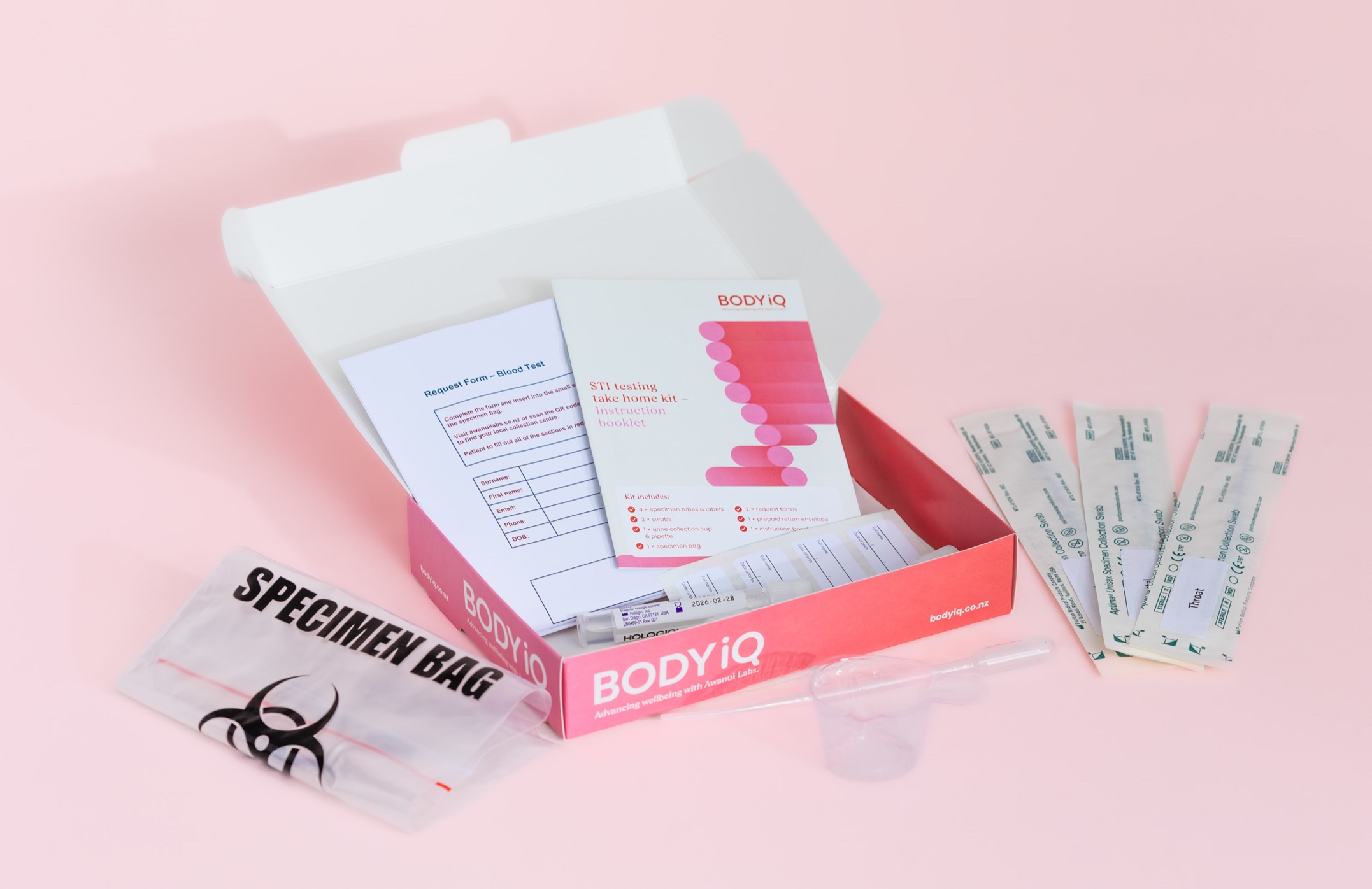 BODYiQ STI testing kit packaging with custom printed carton and A6 instruction booklet by Colourcraft Wellington