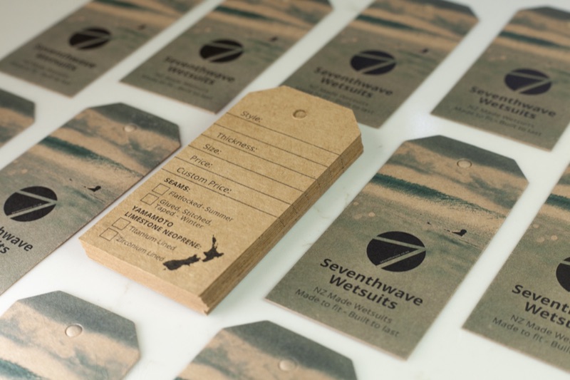 Printing wetsuit hang tags for Seventhwave Wetsuits