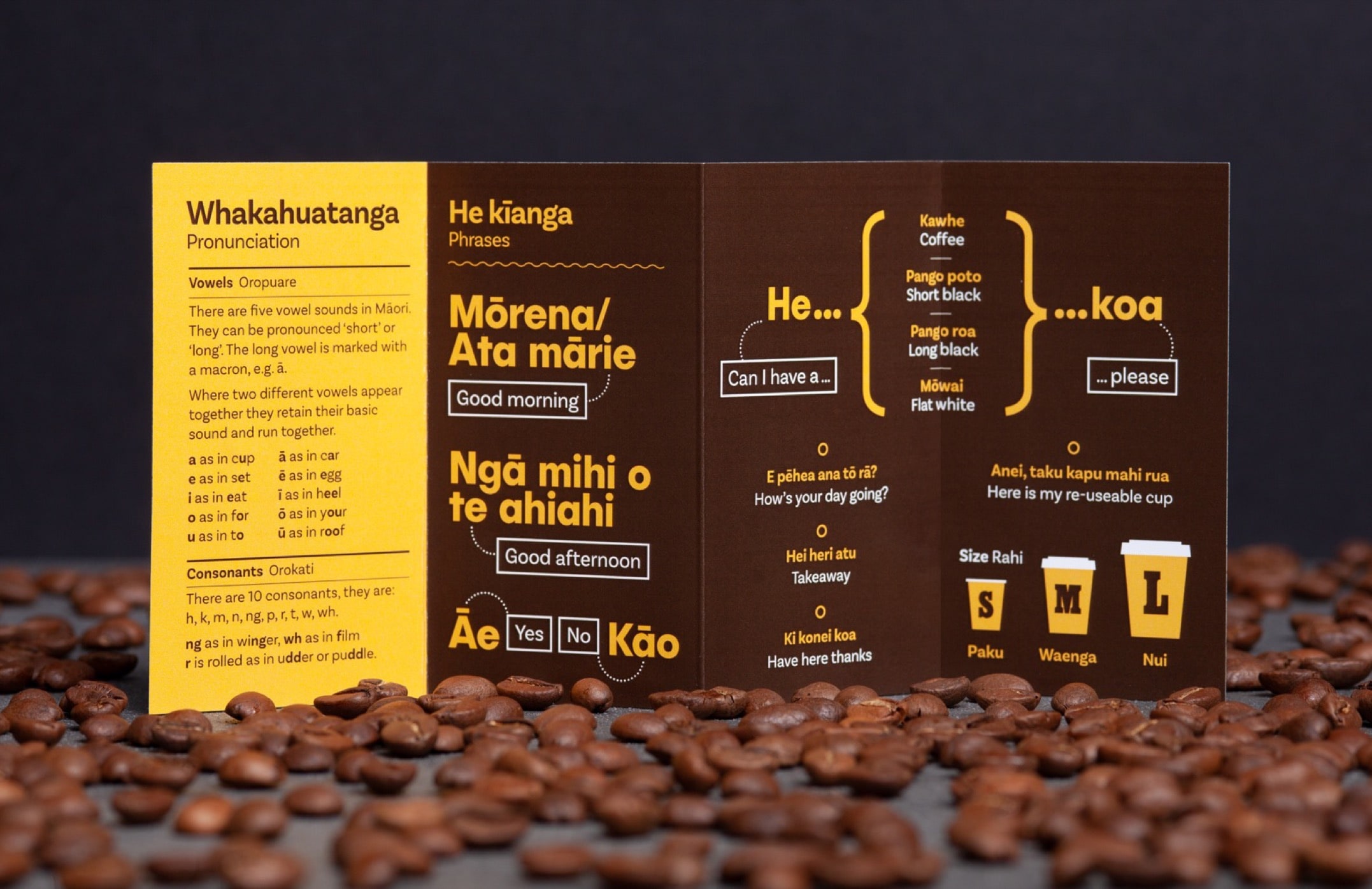 A printed flyer to help people confidently order their Kawhe (coffee) in Te Reo Māori